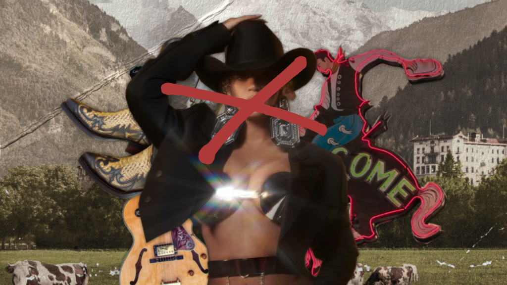 Woman in cowboy hat, cropped black jacket and stylized bra. Collage of modern art, with a red cross painted over her face. 