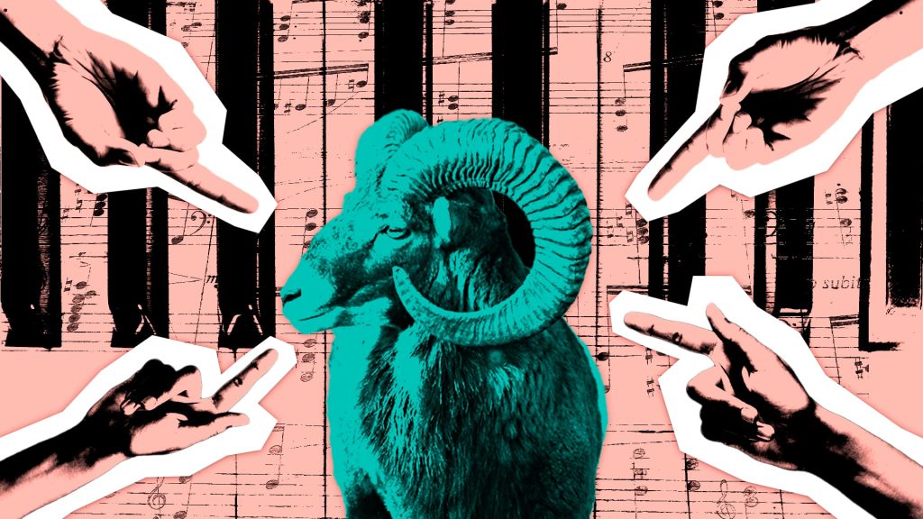 Collage artwork with a teal-colored ram, multiple hands pointing in different directions, and a pink background featuring sheet music.